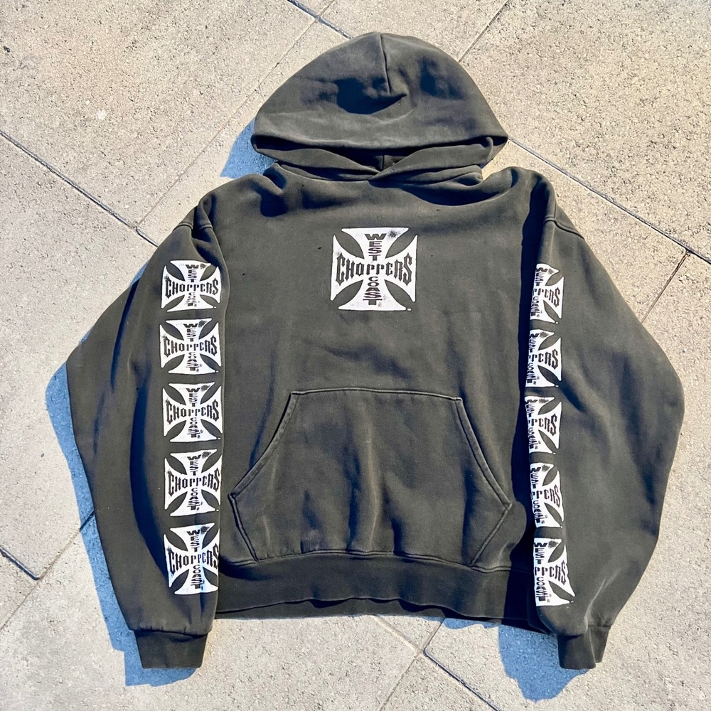 West Coast Choppers Long Beach CA Iron Cross Logo Faded Black Hoodie Mens XL